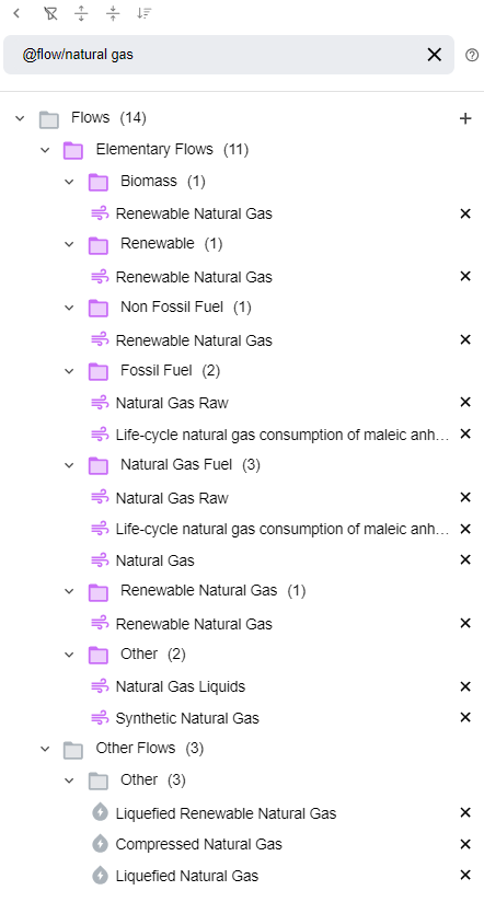 Searching the library for "@flows/natural gas". Only flow entities with natural gas in their name are shown