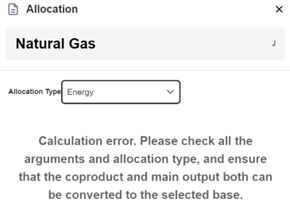 An erroneous Allocation type. In this example, the main output cannot be converted to energy