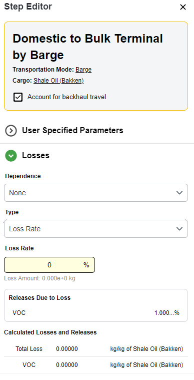 The Transportation Step Editor - Losses Section