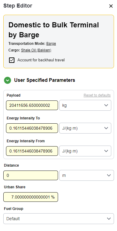 The Transportation Step Editor - User Specified Parameters Section